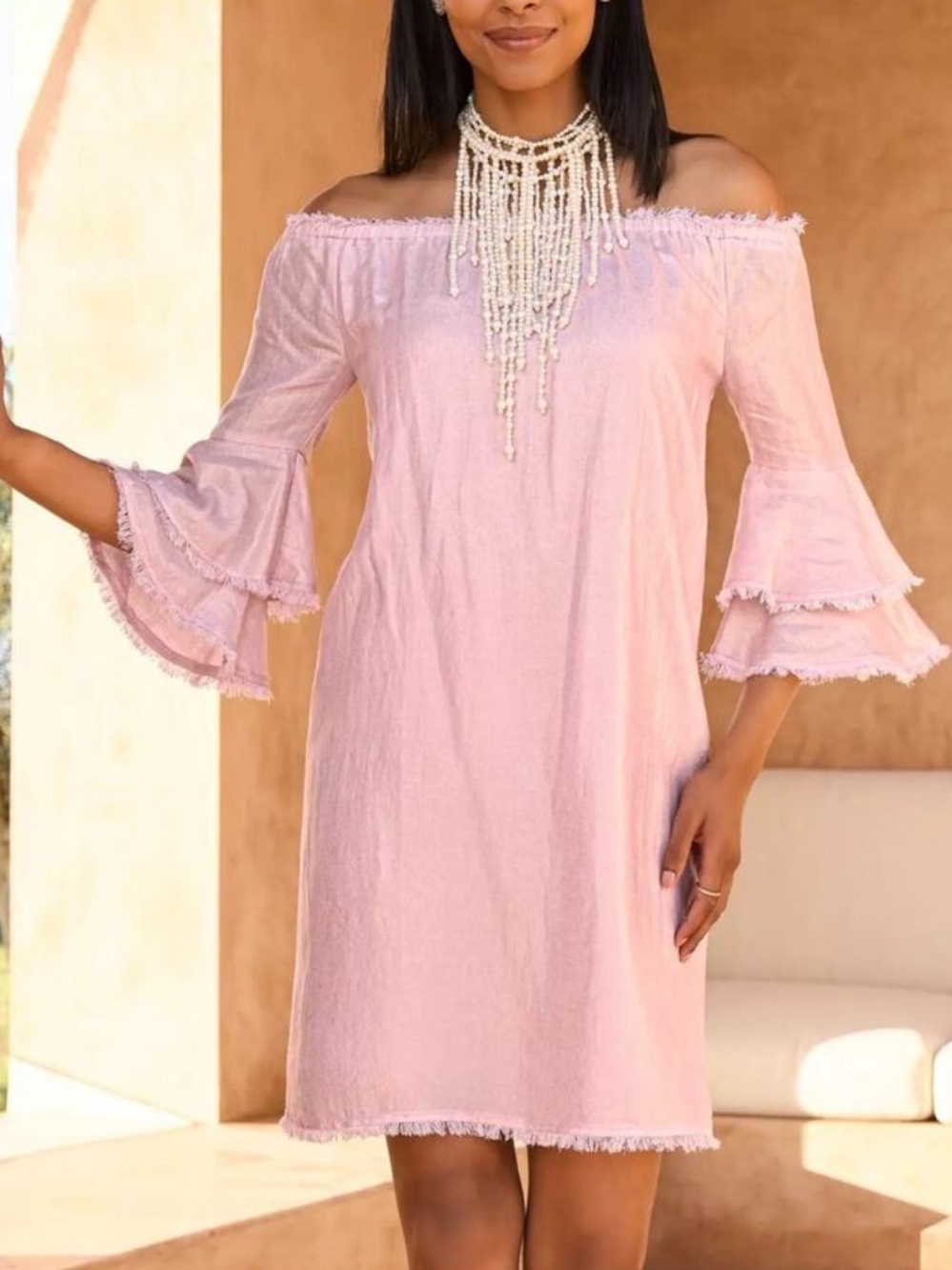 Boston Proper NWT Pink Off The Shoulder Tiered Sleeve Shift Mini Dress Sz S